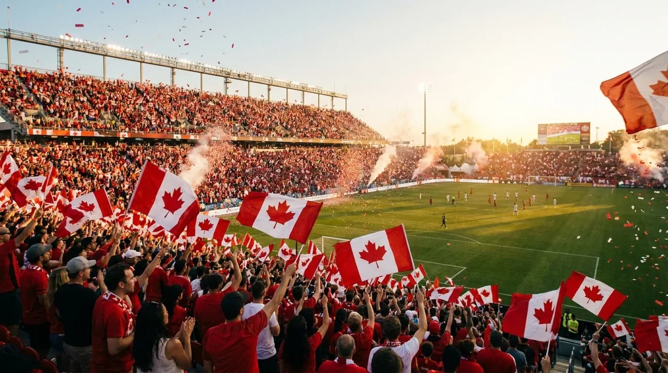 A packed soccer stadium at golden hour with fans waving Canadian flags